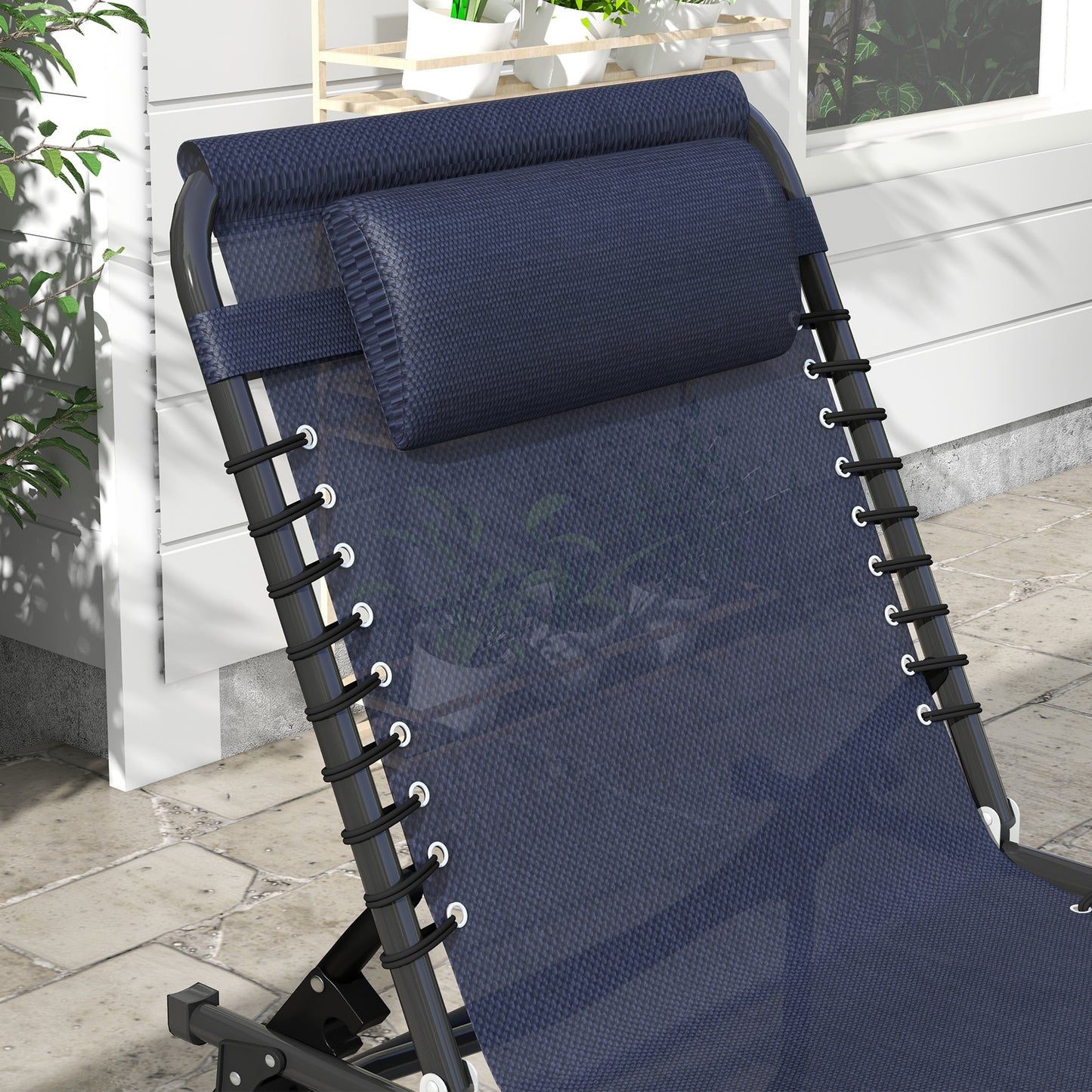 2 Folding Chaise Lounge Pool Chairs with 4-Position Recline - Dark Blue