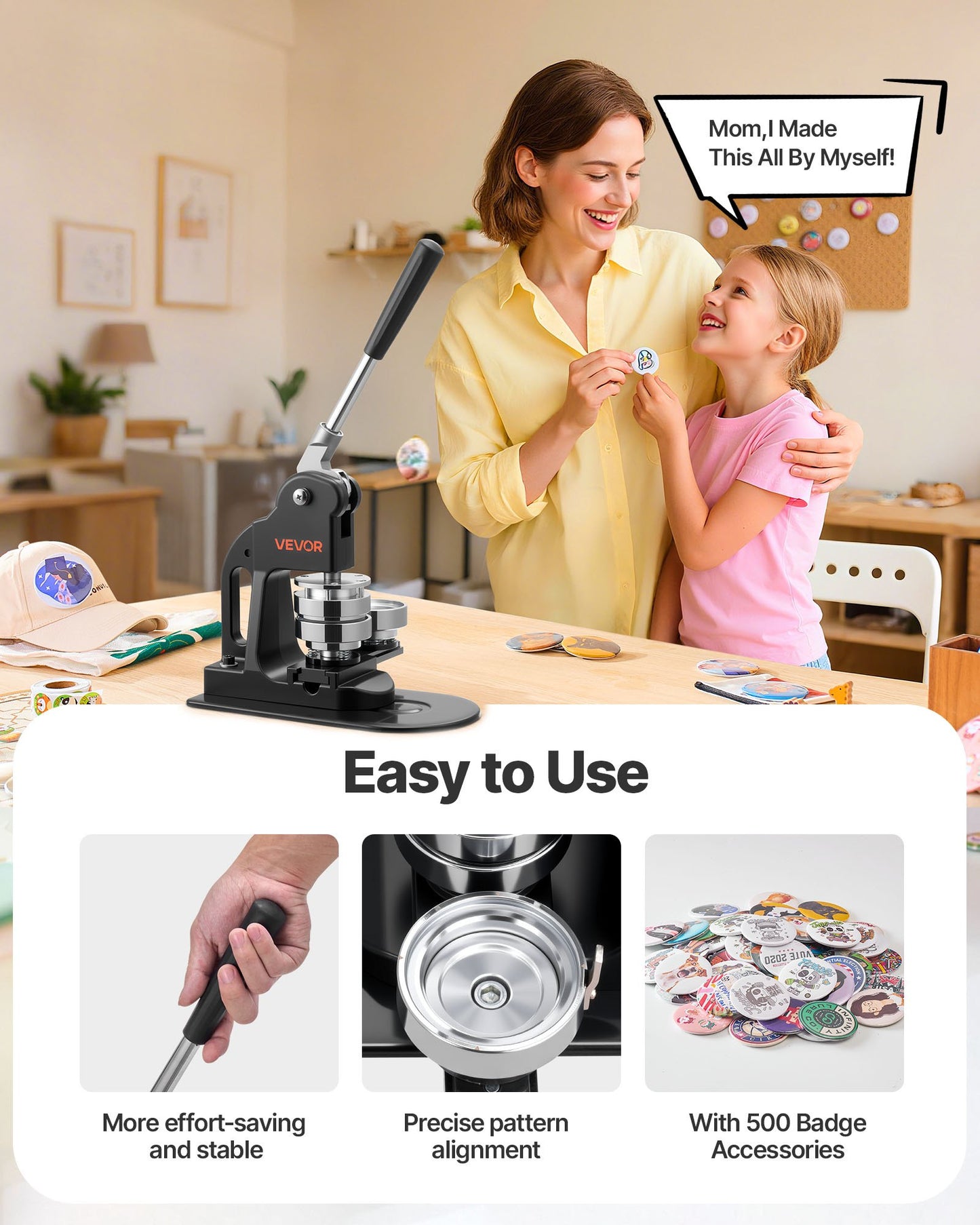 Button Maker Machine 2.25 Inch Kit with 500 Button Parts, Circle Cutter & Ergonomic Handle