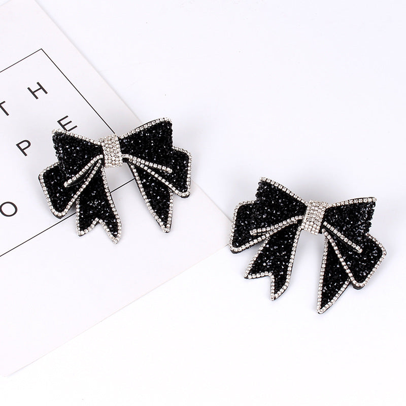 Rhinestone Bow Spring Clip Hair Clip - Black