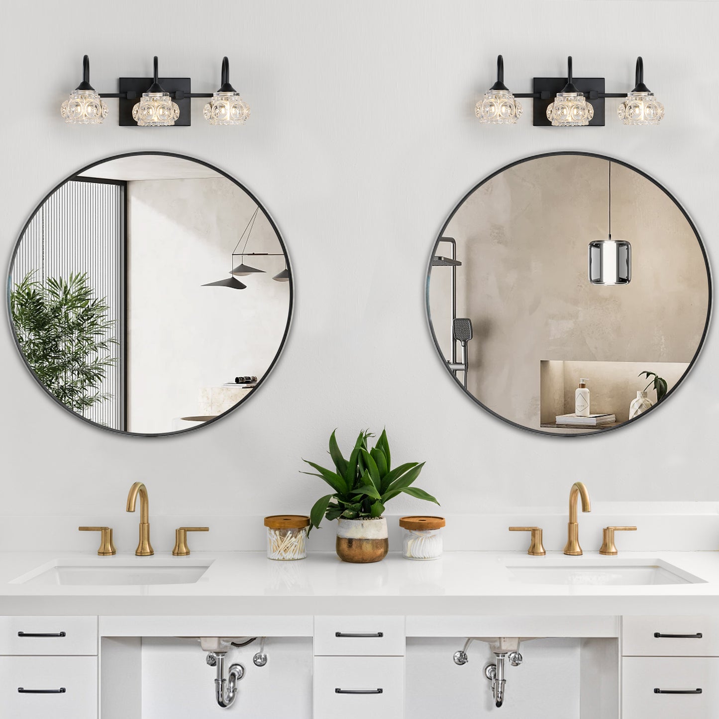 3-Light Bathroom Vanity Light Fixture - Black with Crystal Shades