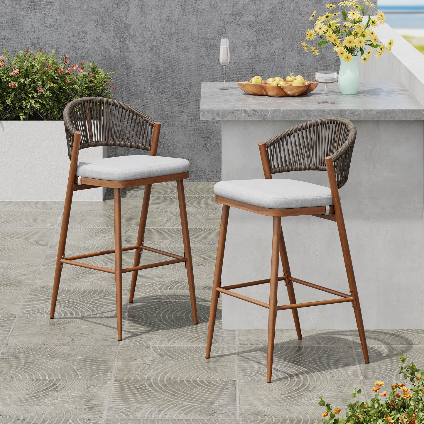 Outdoor 30.25 Seat Height Aluminum Frame Barstools With PE Rattan