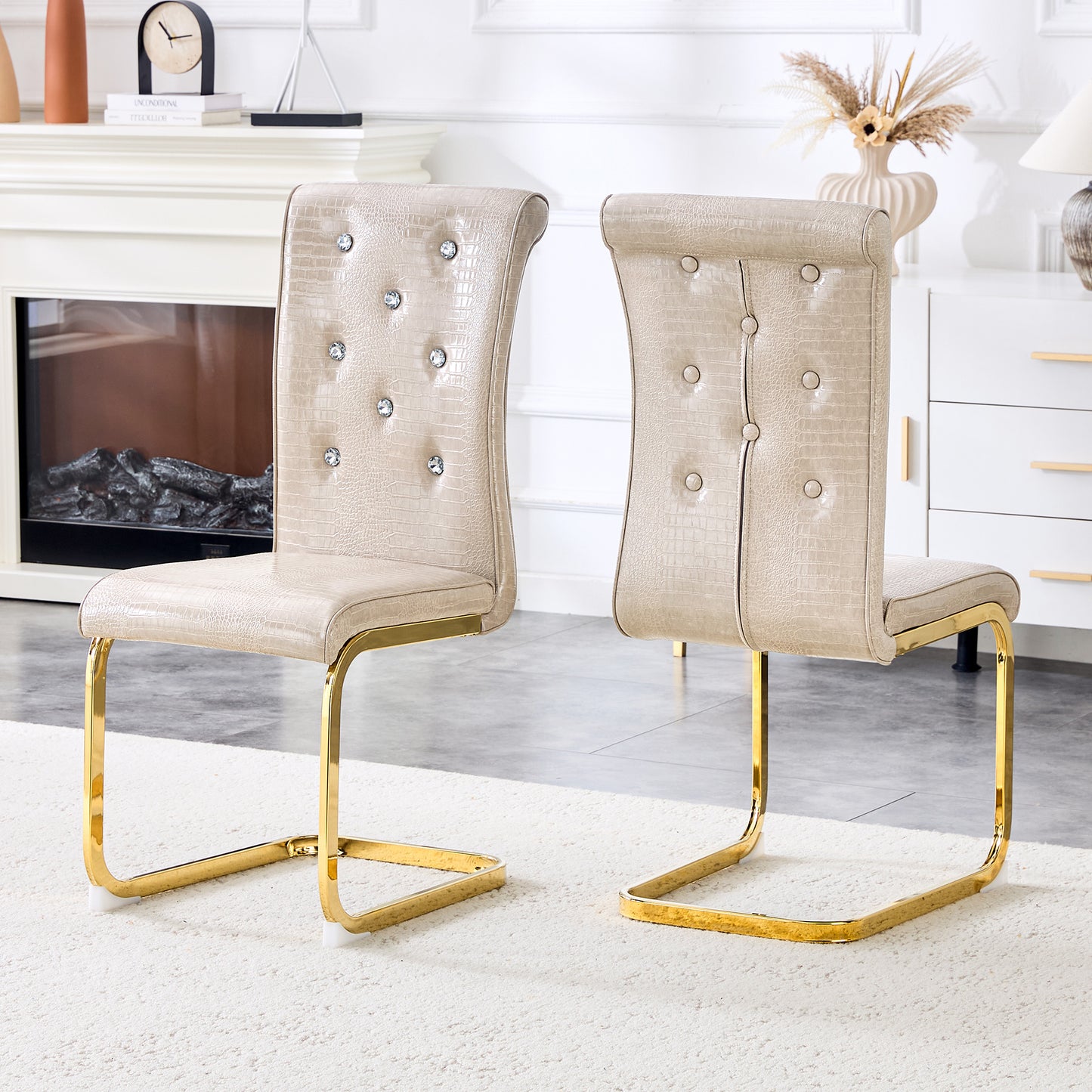 Set Of 2,Retro Alligator Skin Upholstered Dining Chairs,with Crystal