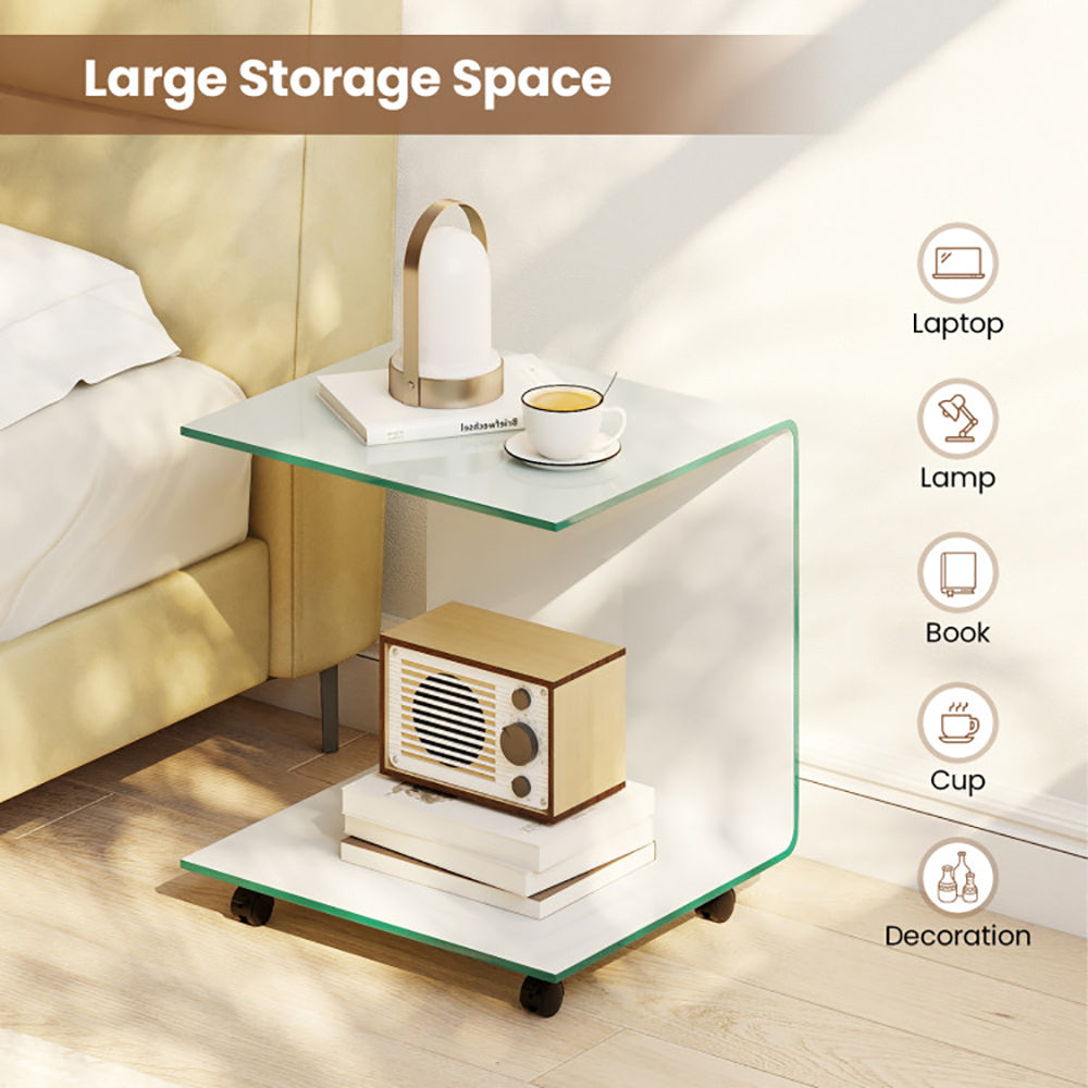 C Shaped End Table Modern Tempered Glass Side With Shelf 4 Swivel
