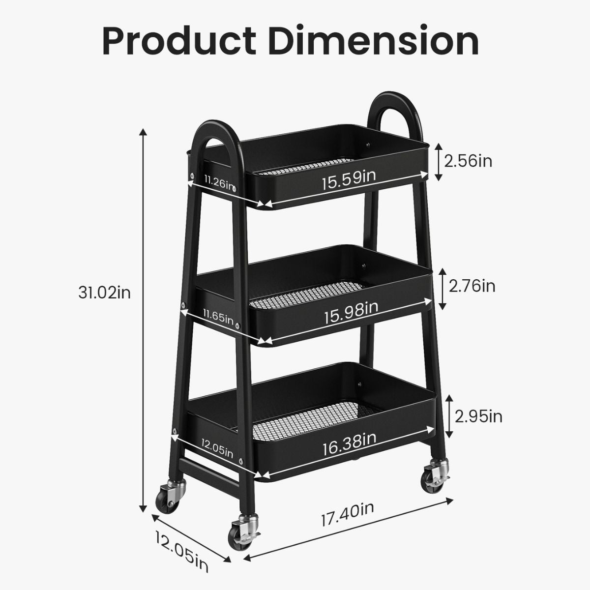 3-Tier Rolling Cart, Metal Utility Storage Lockable Wheels, For
