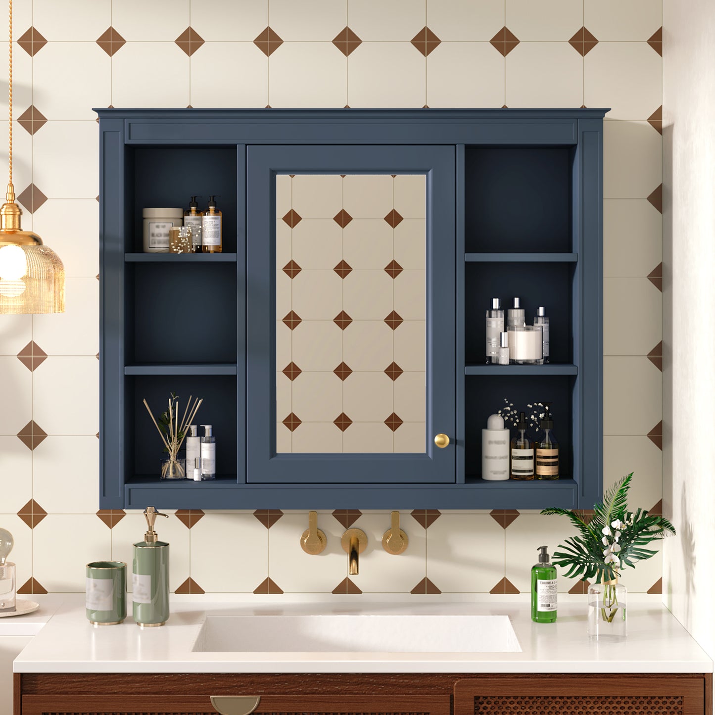 35'' x 28'' Wall Mounted Bathroom Storage Cabinet with Mirror - Blue