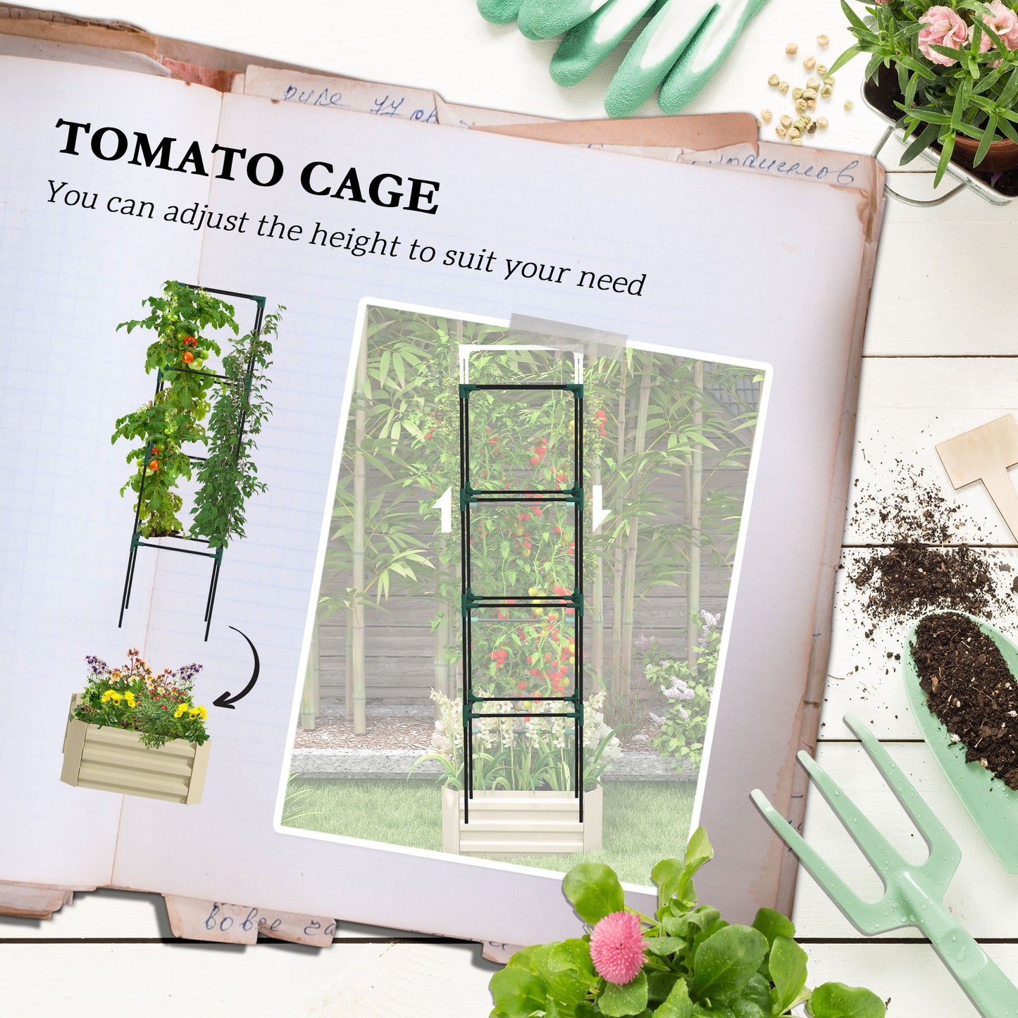 Galvanized Raised Garden Bed with Tomato Cage 24x24x73.5 inches - Cream