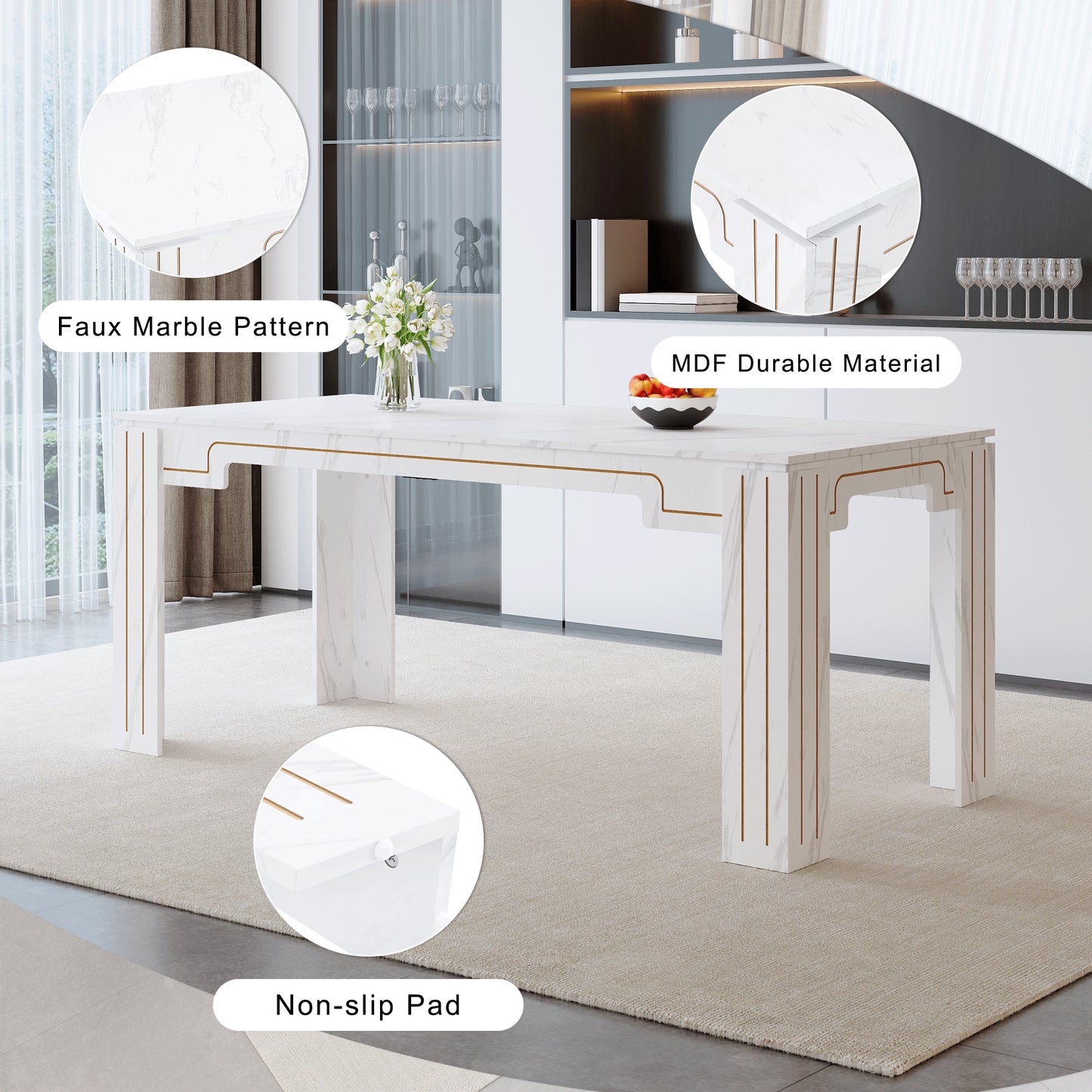 71 X 31.5 Inch White Marble Patterned MDF Spliced Tabletop Dining