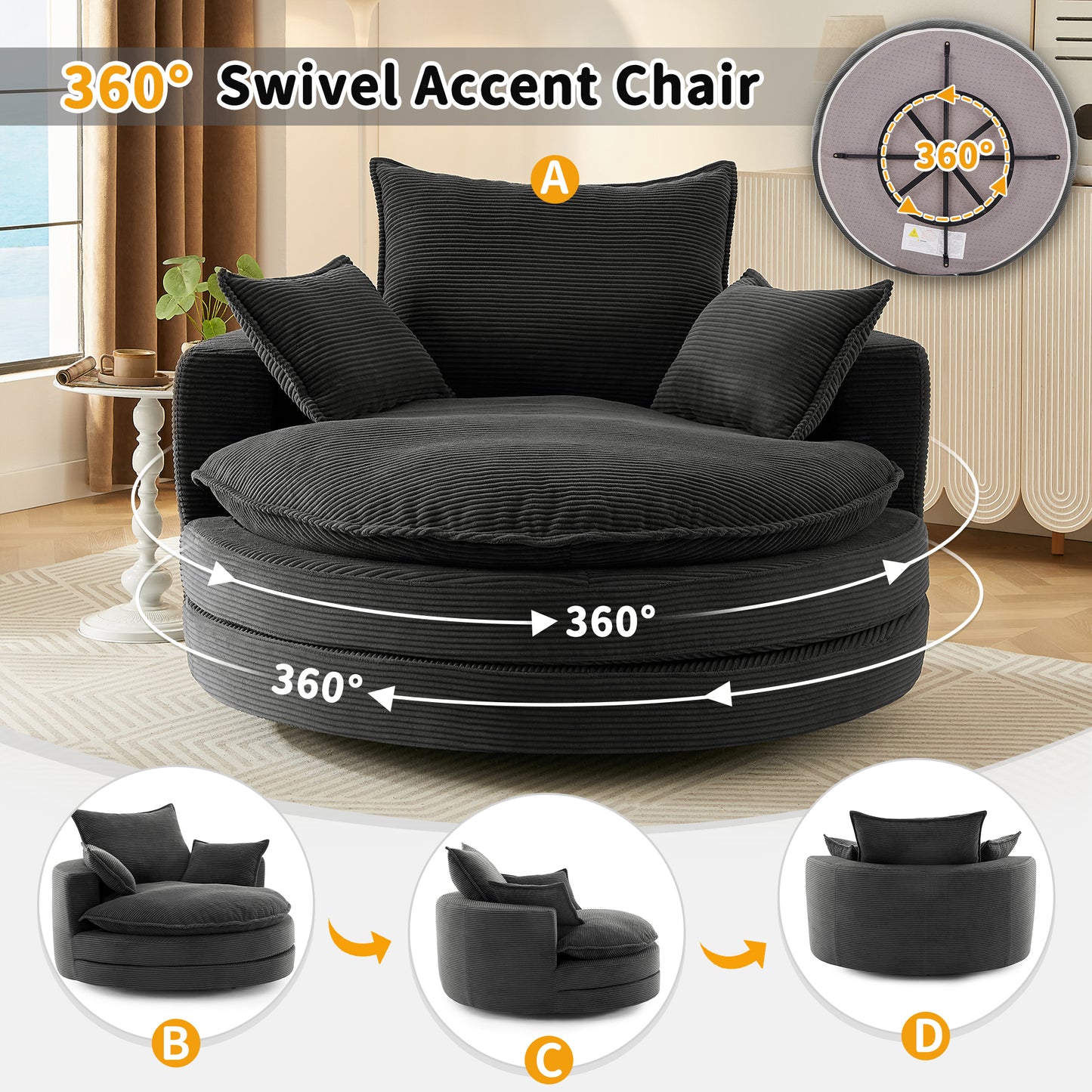 Oversized 360° Swivel Chair with Dual-Layer Cushions - Black