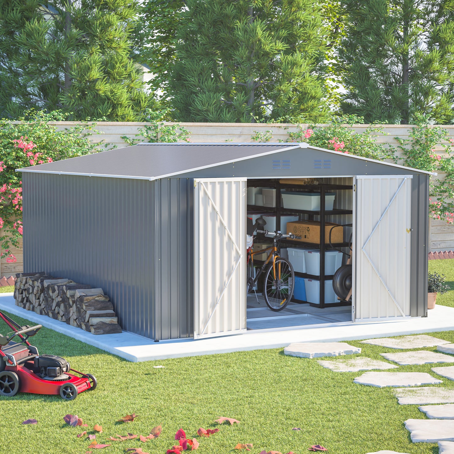 12x14 ft Outdoor Metal Storage Shed - Waterproof Garden Tool Shed