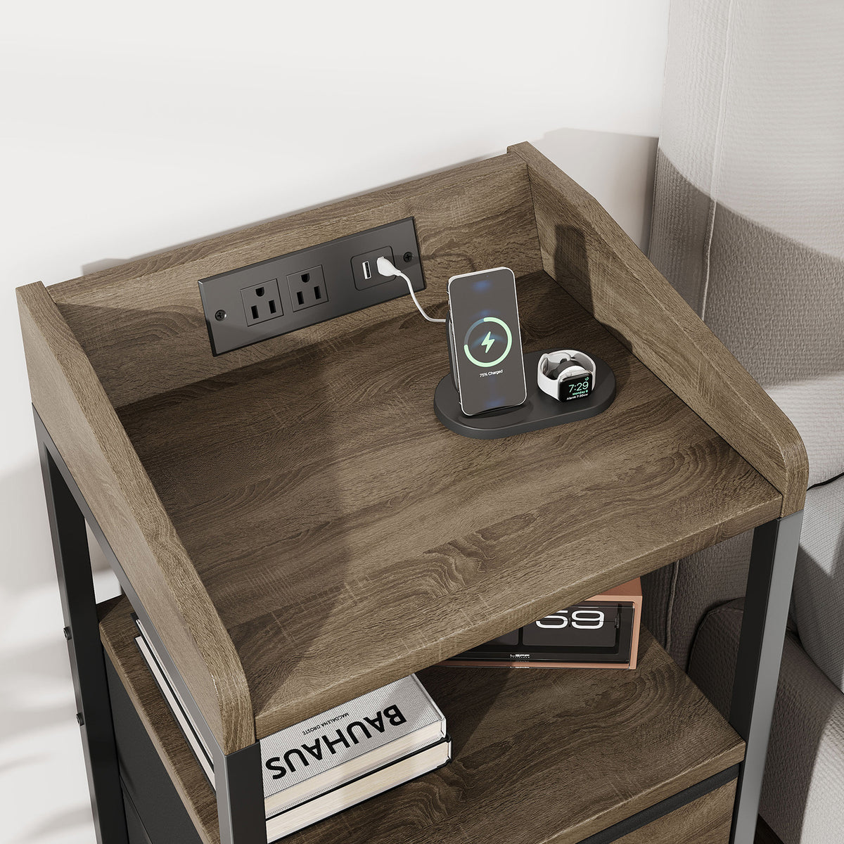 Nightstand with Charging Station and Fabric Drawers - Bedside End Table