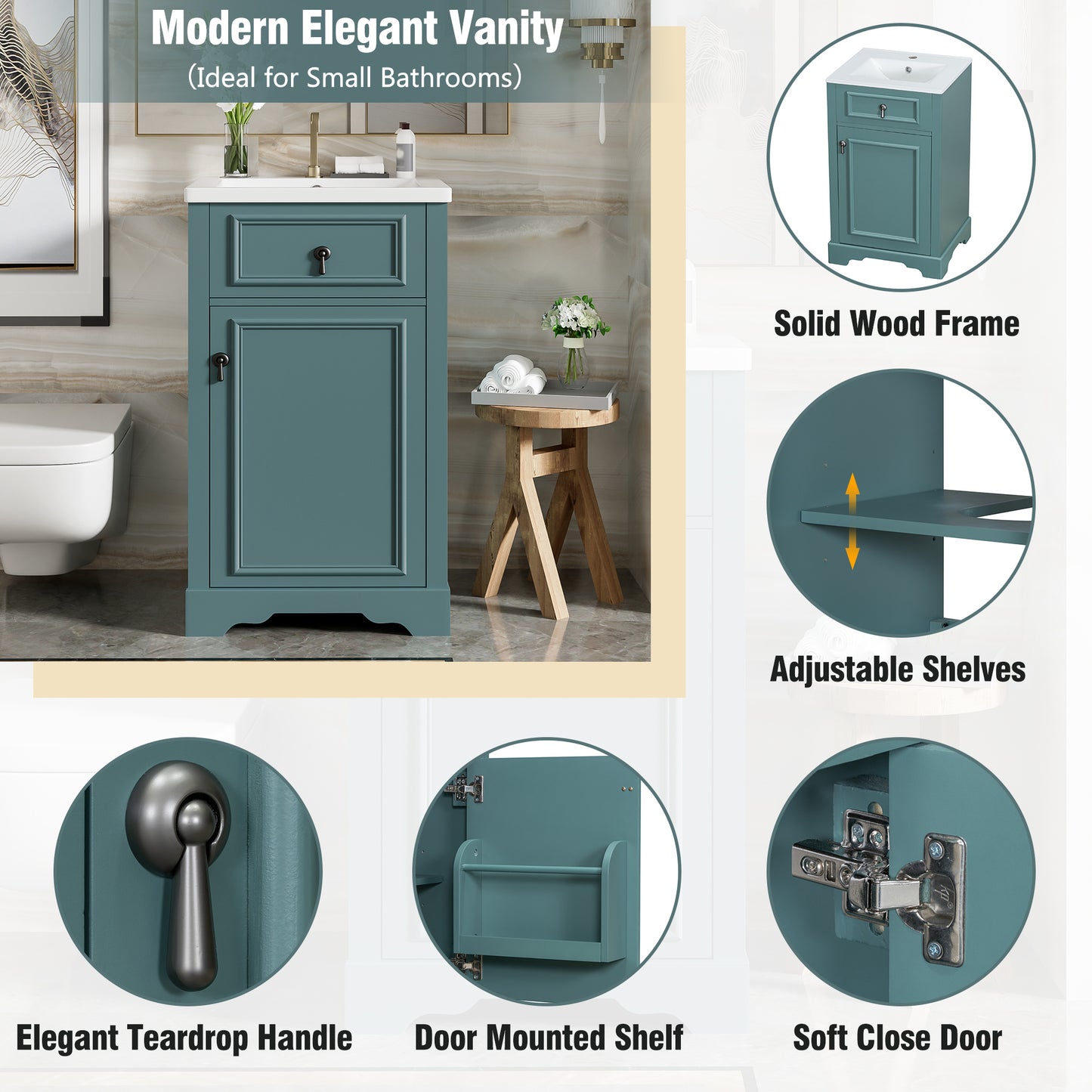 20-Inch Green Bathroom Vanity with Ceramic Sink & Soft Close Door