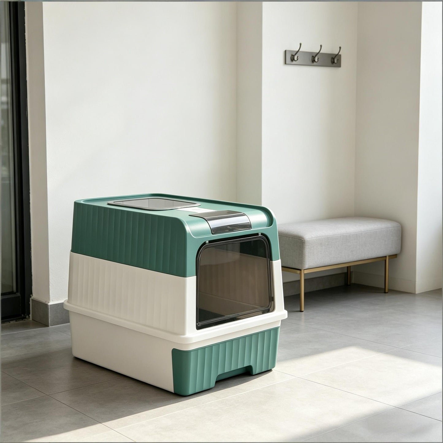 Enclosed Cat Litter Box with Slide-Out Tray - Black, Teal, White