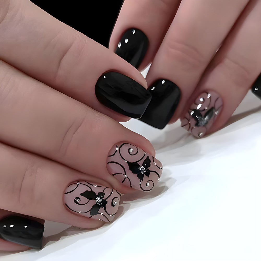 Black Butterfly Sequin Nail Art Kit - 24-Piece Short Square Design for Women & Girls