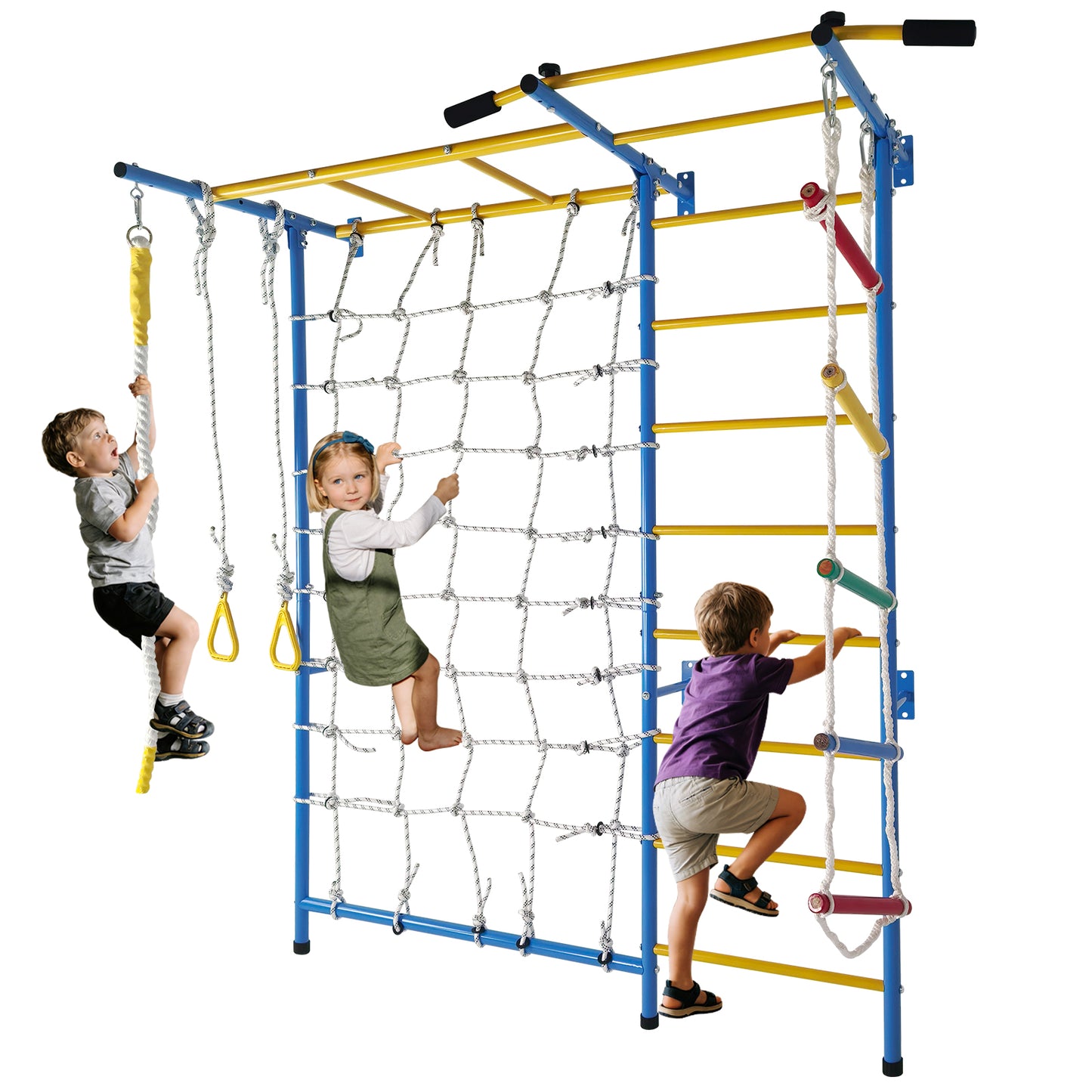 7-in-1 Indoor Playground Wall Gym with Monkey Bars & Gymnastic Rings
