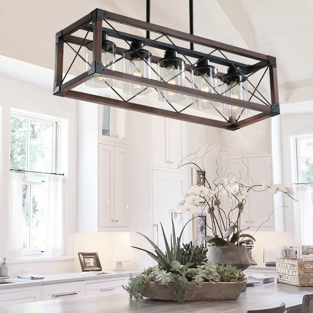 32-Inch Red Industrial Farmhouse Pendant Light - 5-Light Chandelier