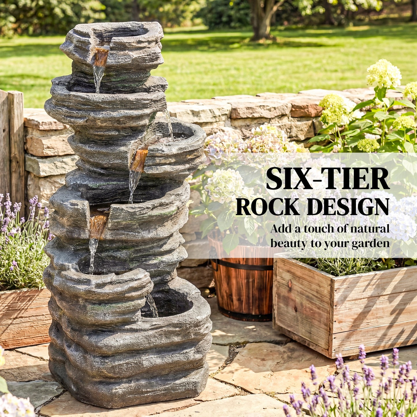 40-Inch Outdoor Water Fountain with LED Lights 6-Tier Cascading Resin Garden Feature - Gray