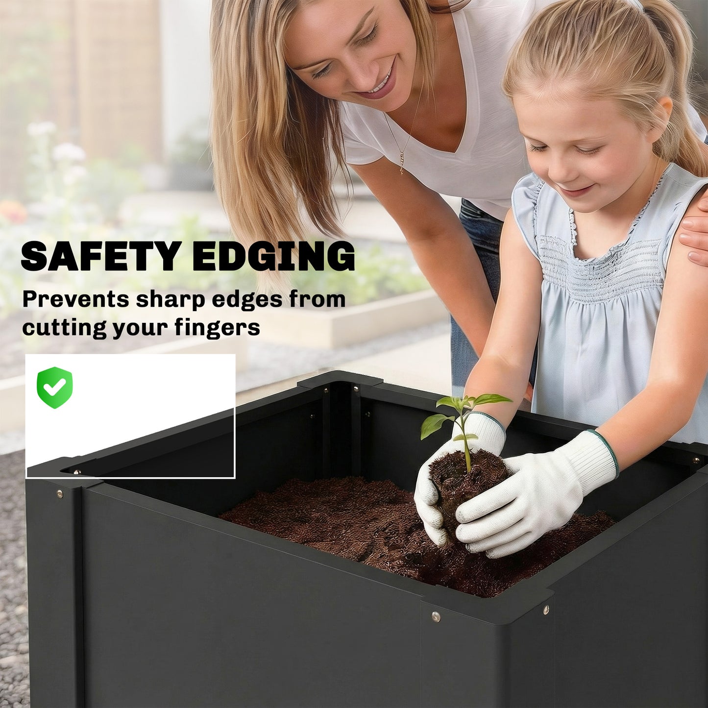 Galvanized Steel Raised Garden Bed with Gloves - Outdoor Planter Box 1.4x1.4x1.5 ft Black