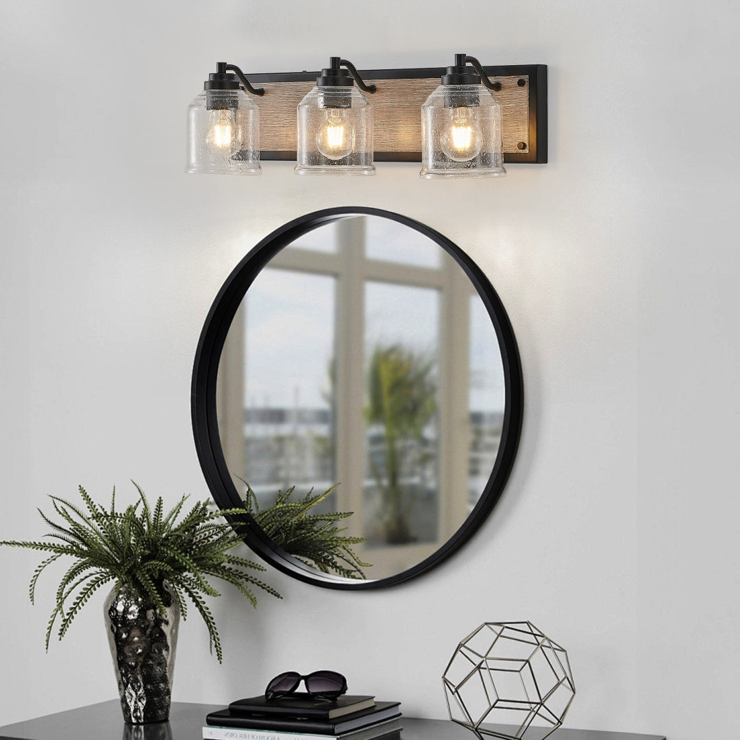 3-Light Farmhouse Vanity Light Fixture - Black & Wood Grain