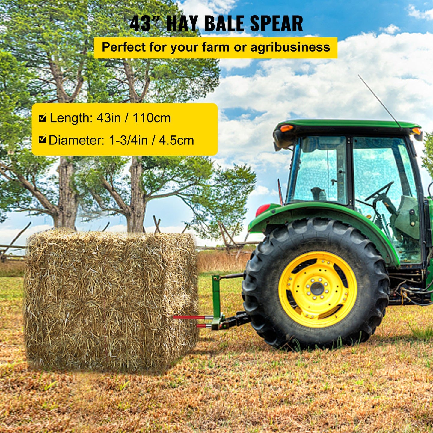 Hay Bale Spear 43-Inch Heavy-Duty Quick Attach Square Bale Fork 3000Lbs Capacity - Red Coated
