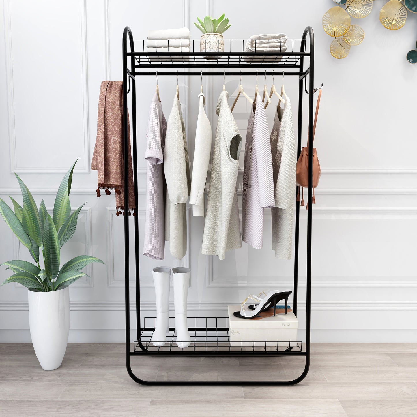 Heavy Duty Freestanding Clothes Rack with Double Shelves - Black