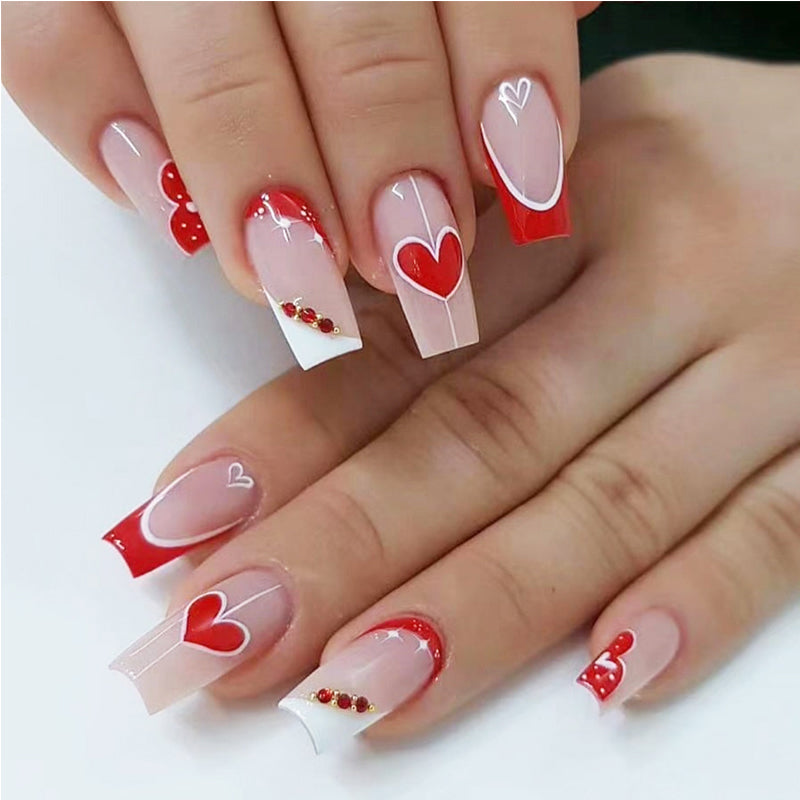 24-Piece Long Square Press-On Nails - Red & White Heart Design