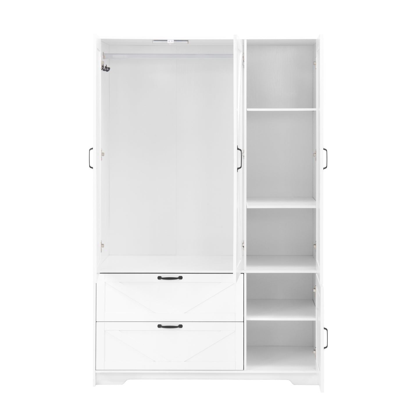 4-Door White Wardrobe Closet with Mirror & LED Lighting