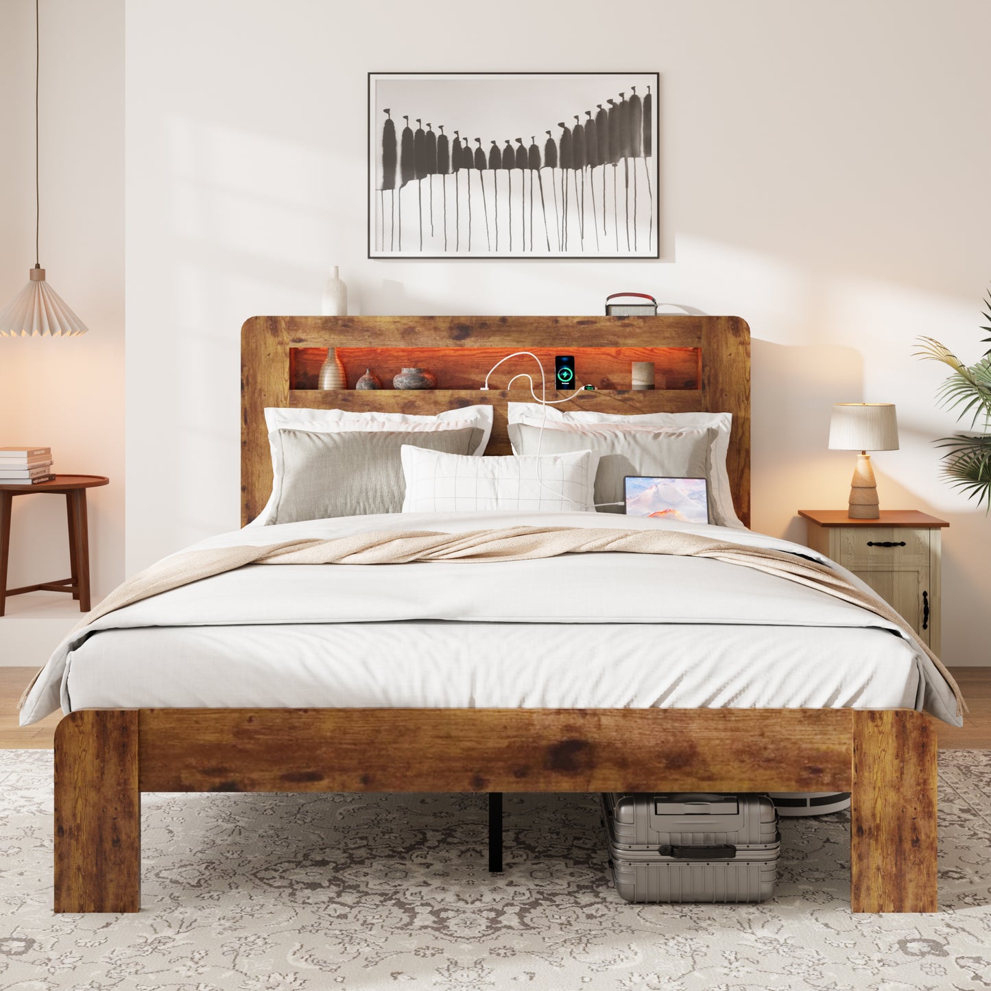 Queen Wood Bed Frame with LED Headboard, USB Ports & Storage