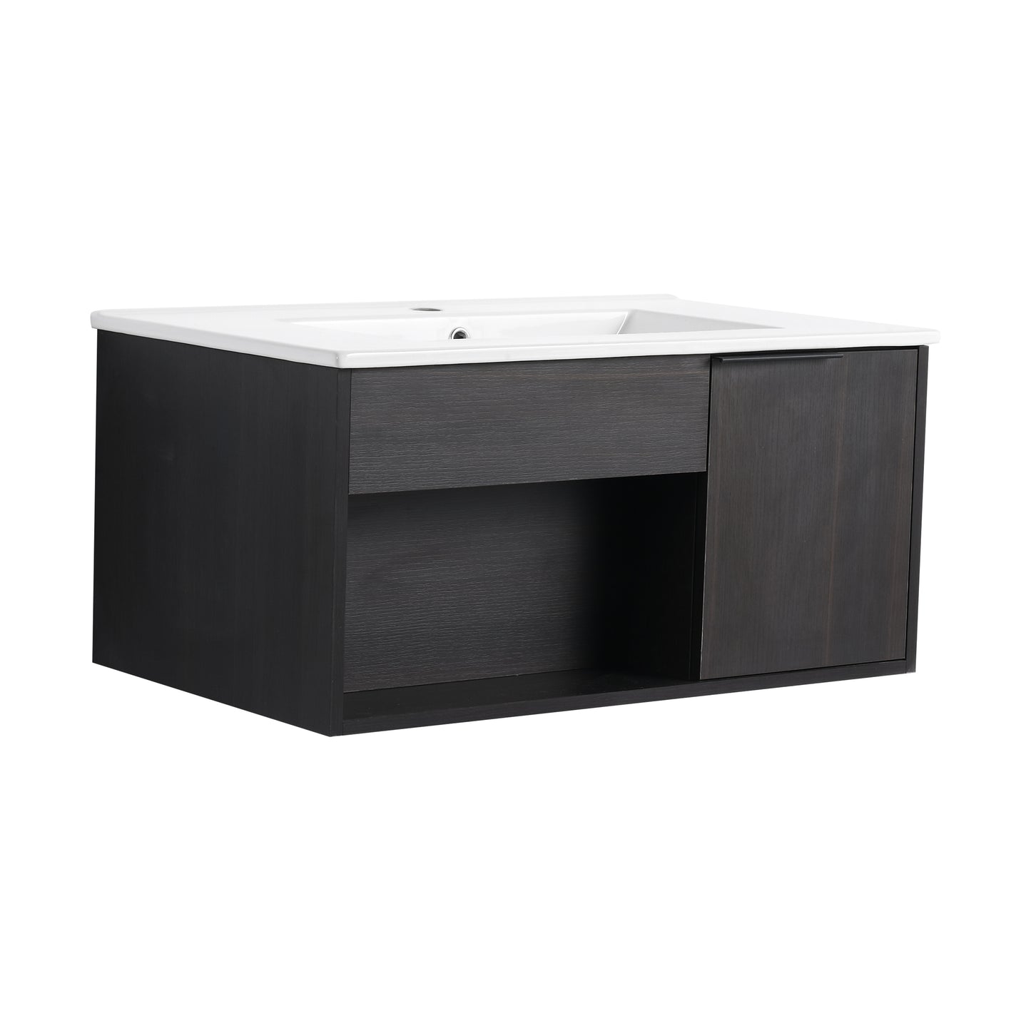 30-Inch Wall-Mounted Bathroom Vanity with Ceramic Sink - Dark Oak