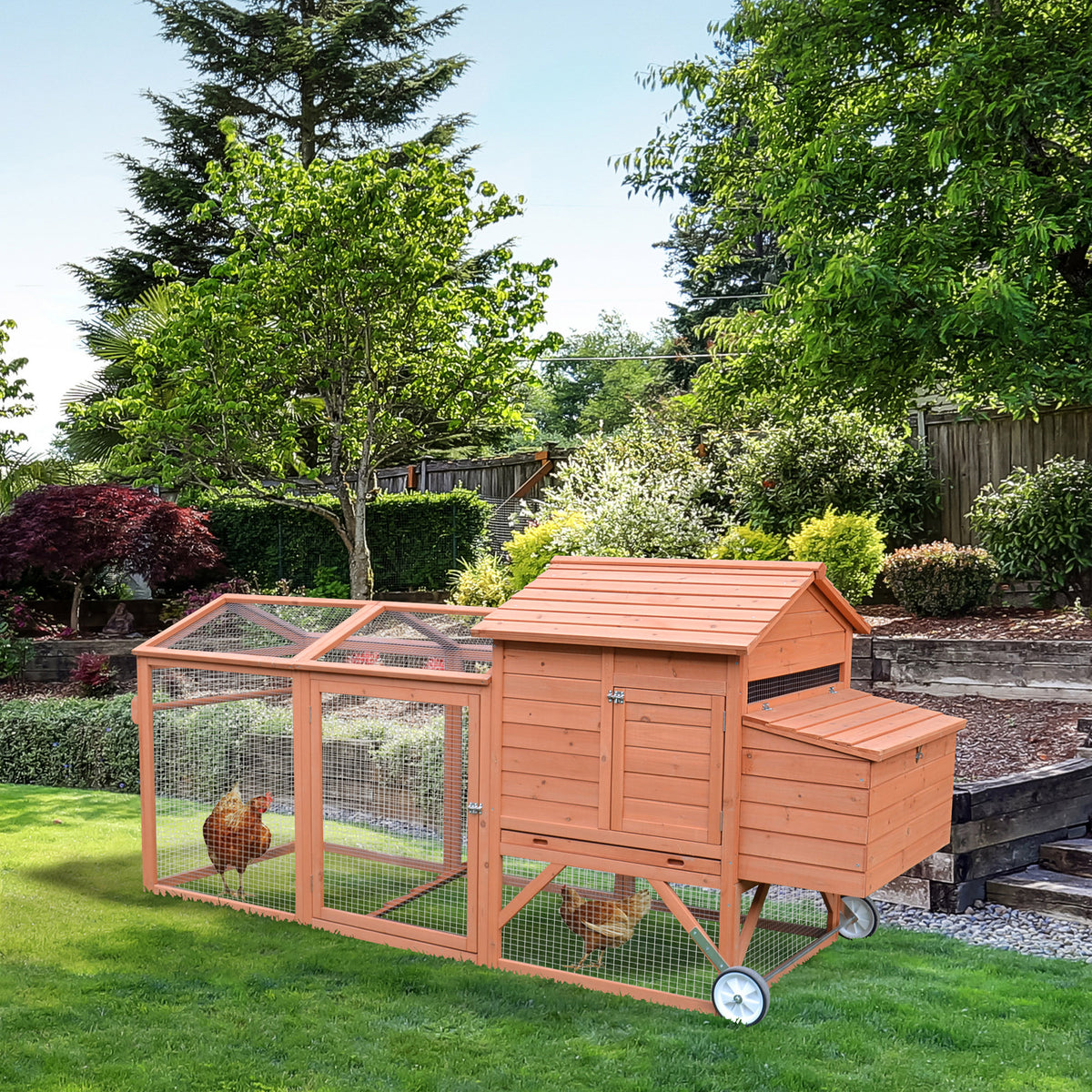Wooden Chicken Coop with Nesting Box and Wheels - Outdoor Poultry Cage, 96.5 Inches