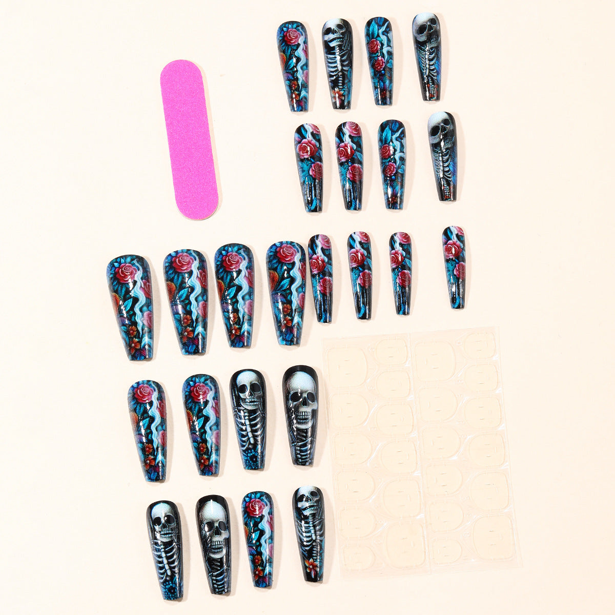 Removable Nail Tips with Flower and Skull Design - Long Ballet Style