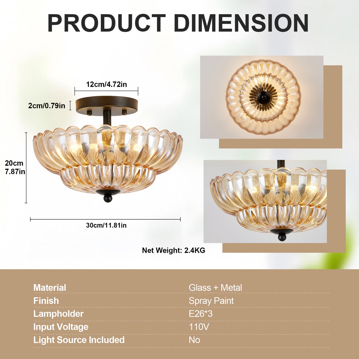 Amber Glass Ceiling Light Fixture for Living Room & Bedroom - 3 Bulb Modern Flush Mount