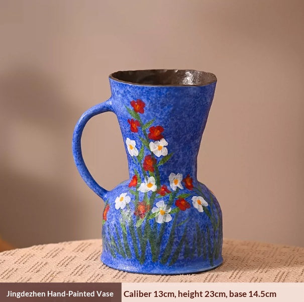 Hand-Painted Indigo Floral Ceramic Vase for Home Decor & Dining Table