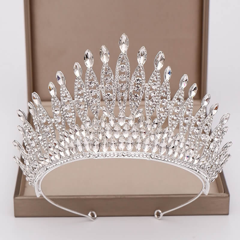 Women's Tiara Headband with White Crystal and Silver Finish - Elegant Bridal Hair Accessory