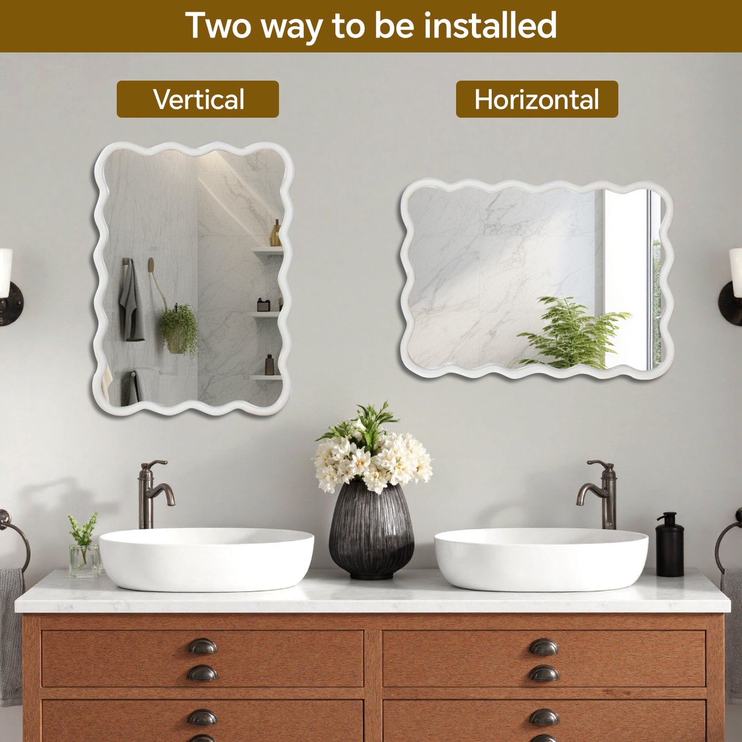 30x40 Wavy Rectangle Solid Wood Frame Decorative Mirror - White