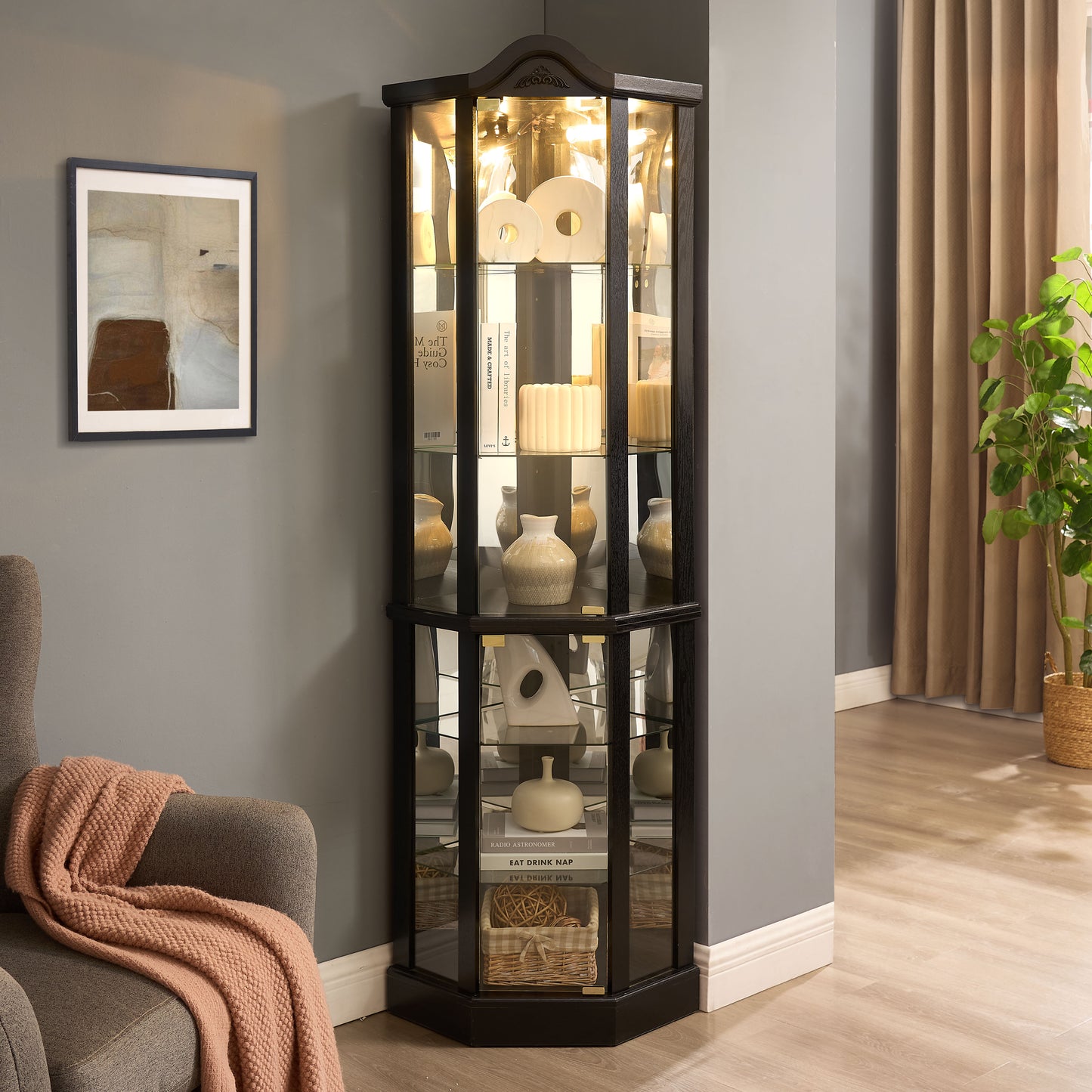 Lighted Glass Display Cabinet Corner Curio With Adjustable Shelves