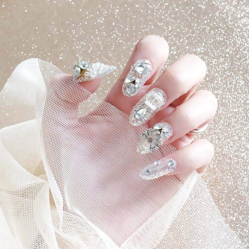 Fake Nails Silver Water Drops - 24 Pieces with Glue
