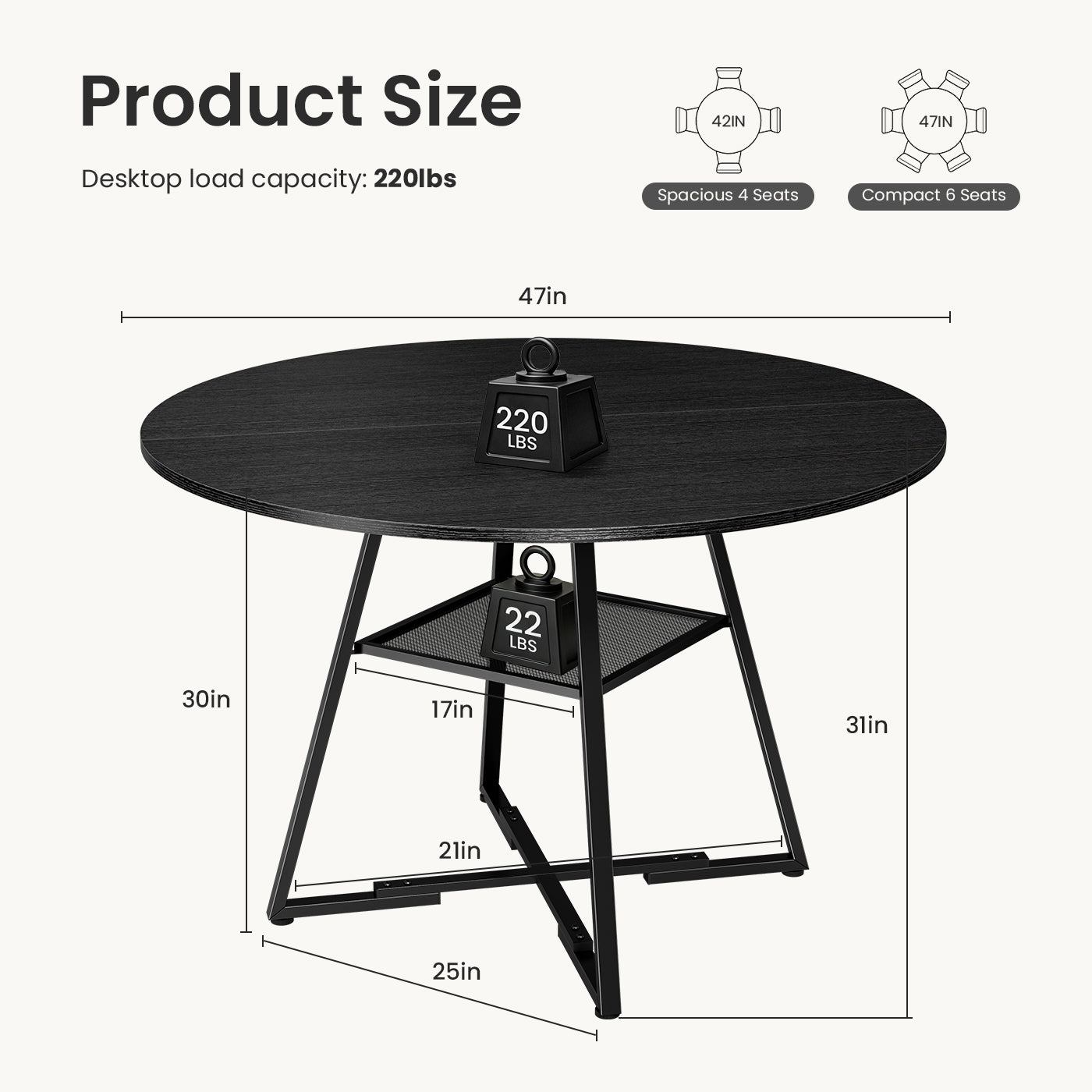 Round Table, Suitable For 4 To 6 People, A Space-saving Kitchen Table
