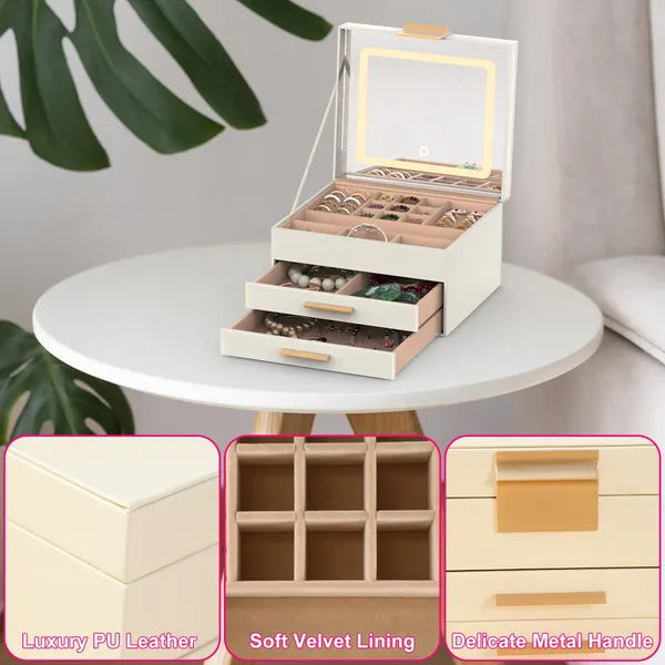 Jewelry Box With LED Mirror 3-Layer Organizer 2 Drawers PU Holder 3