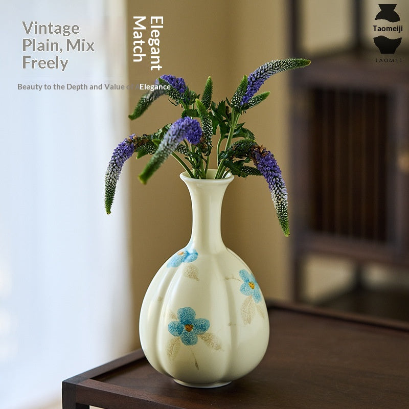 Hand-Painted Floral Ceramic Vase - Small Tabletop & Floor Decor - Blue Camellia Style