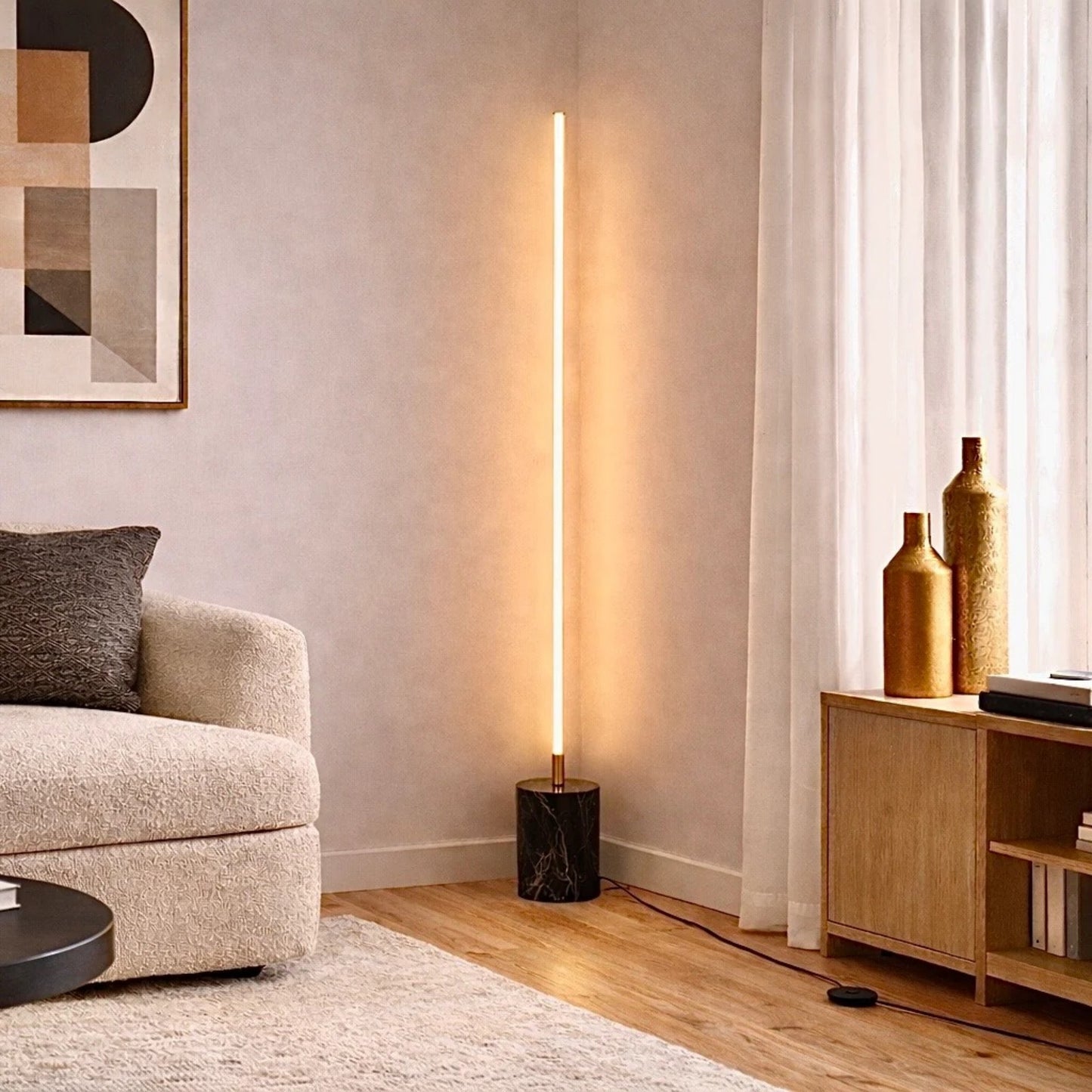 Prism Brassed Gold LED Floor Lamp With On Off Faux Marble Base