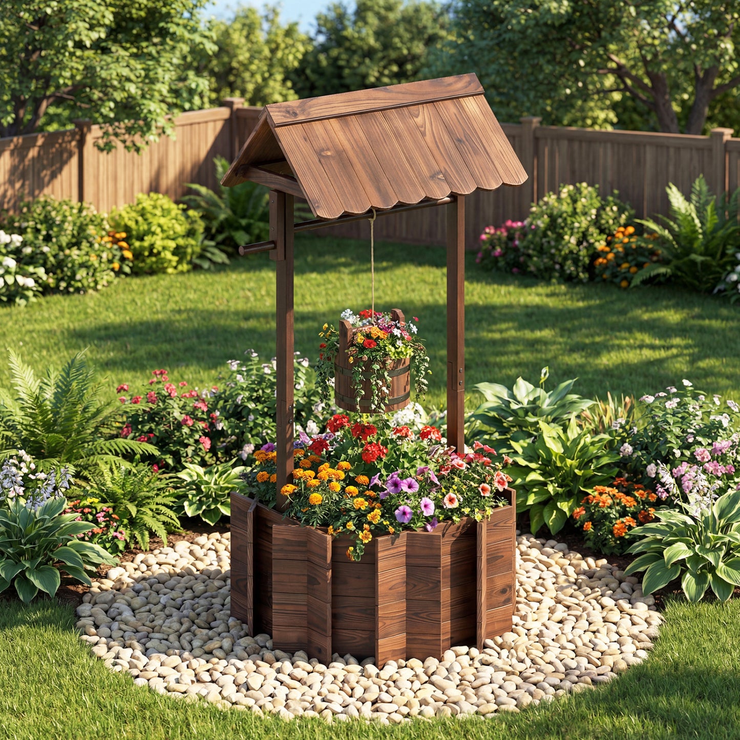 Outdoor Wooden Wishing Well Planter with Hanging Bucket