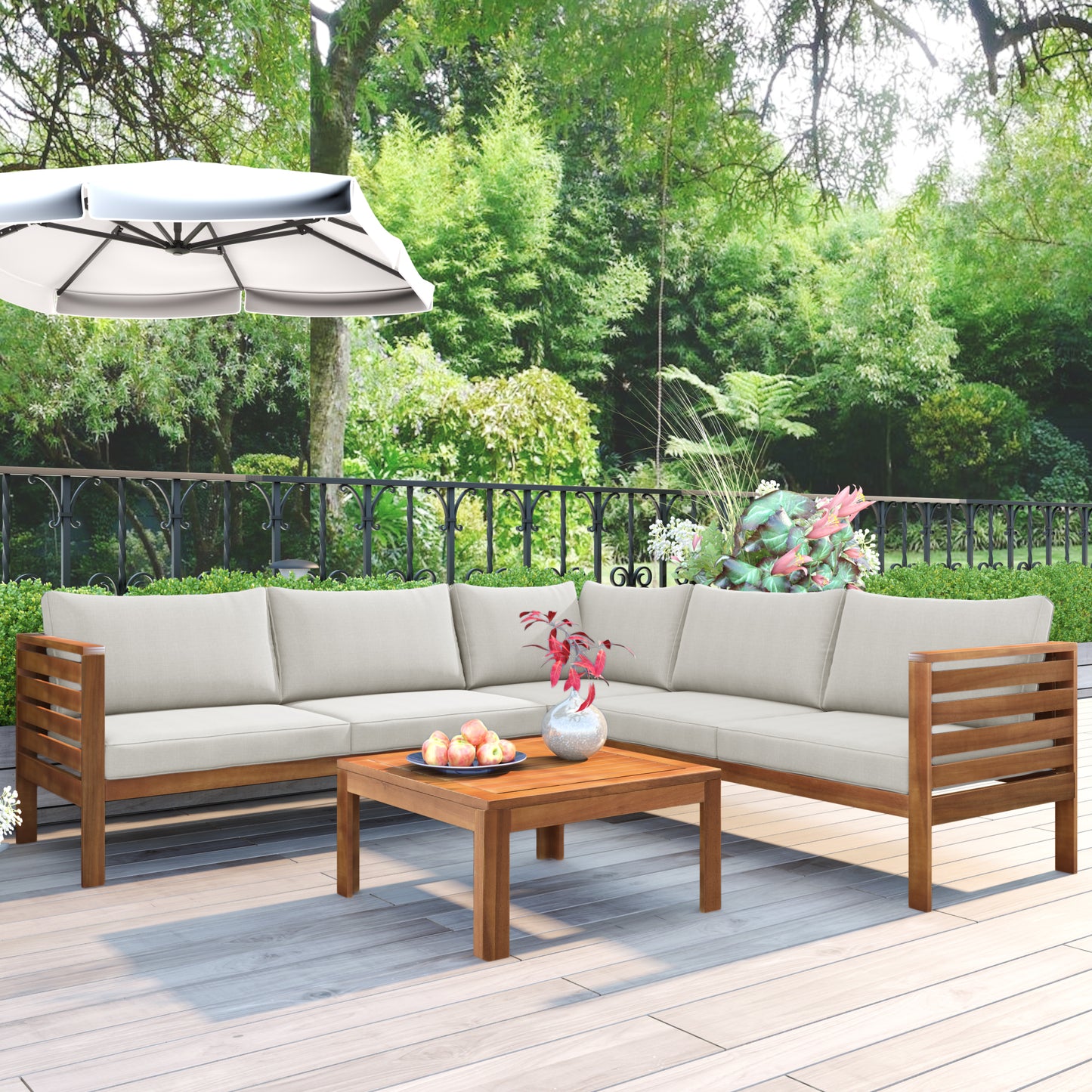 Wood Structure Outdoor Sofa Set With Beige Cushions Exotic Design