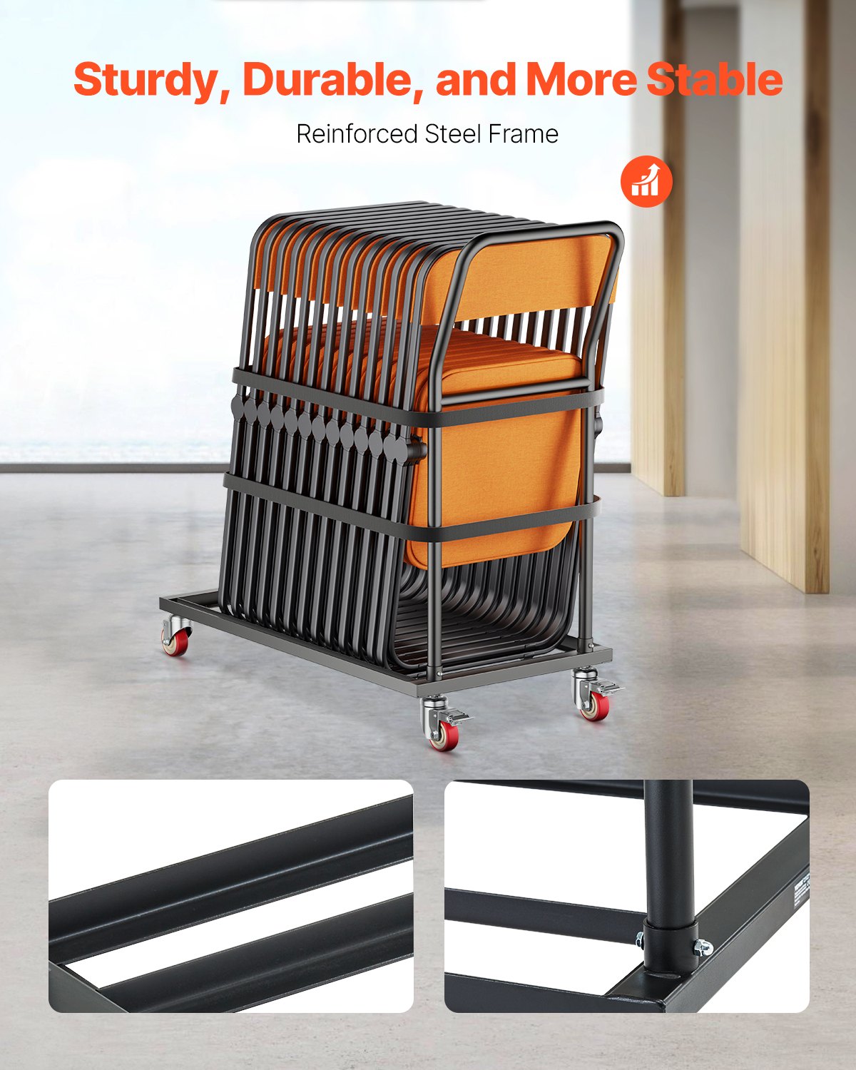 Folding Chair Rack Cart for 25 Chairs - Heavy Duty 300lb Capacity Black