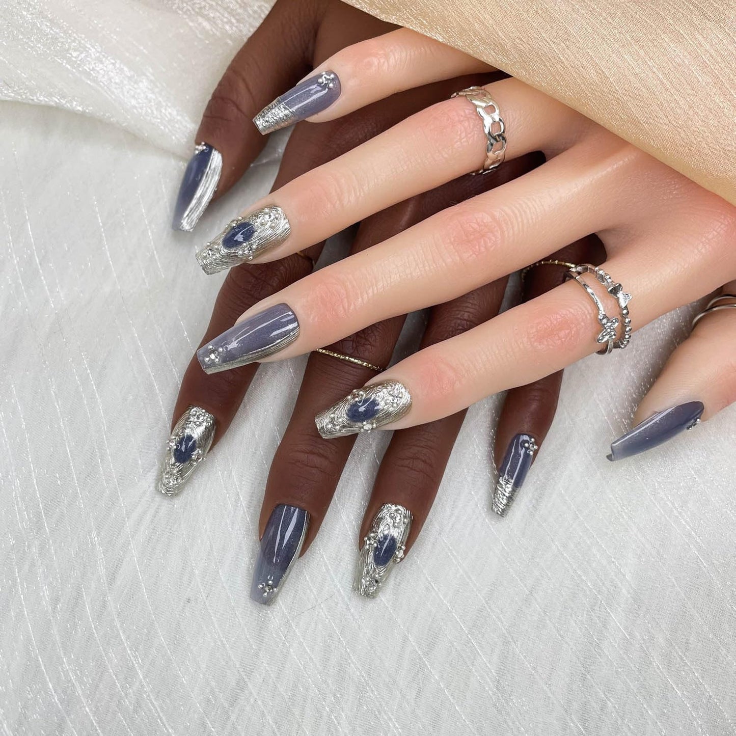 Long Coffin Press On Nails with Rhinestones - Gradient Mercury Veil
