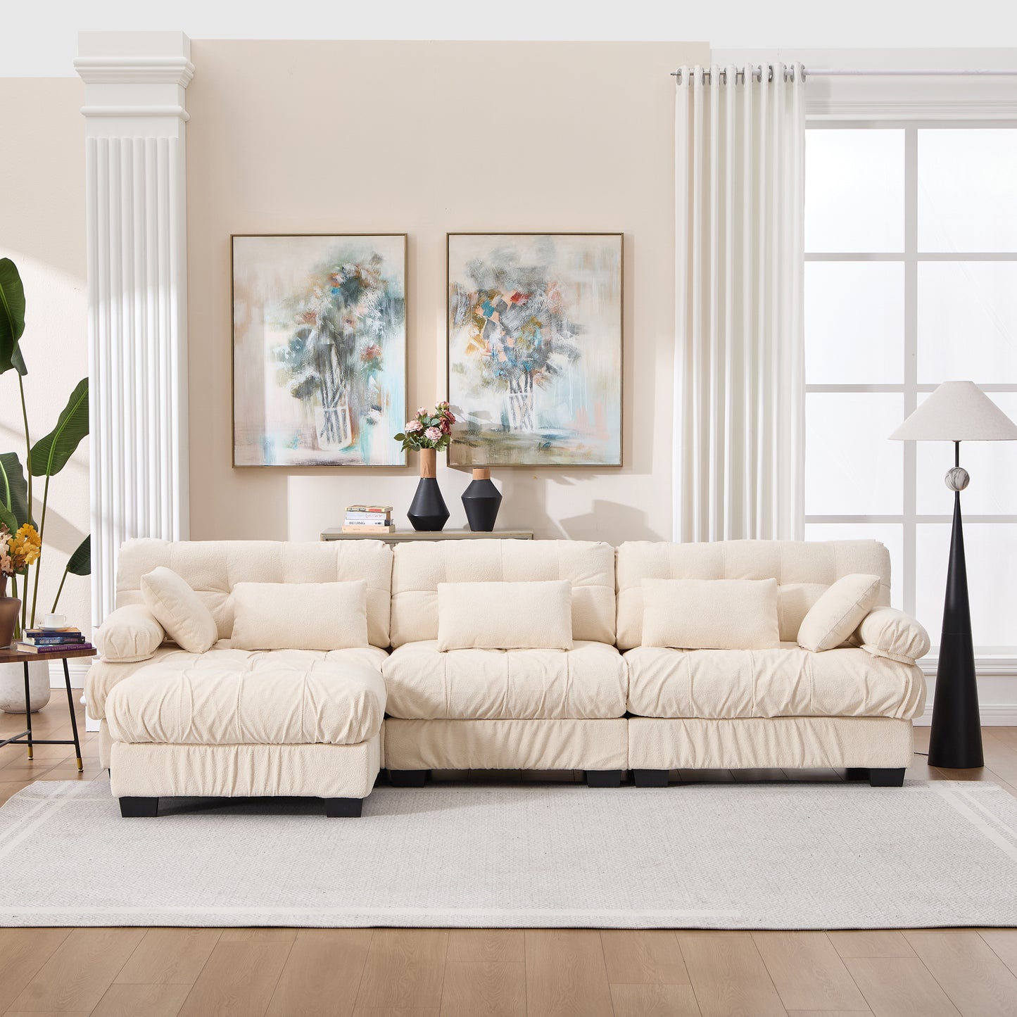 Modular Sectional Sofa - Oversized L-Shaped Couch with Ottoman - Beige