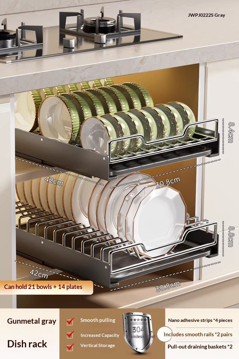 Stainless Steel Kitchen Drawer Pull-Out Dish Rack Storage Organizer