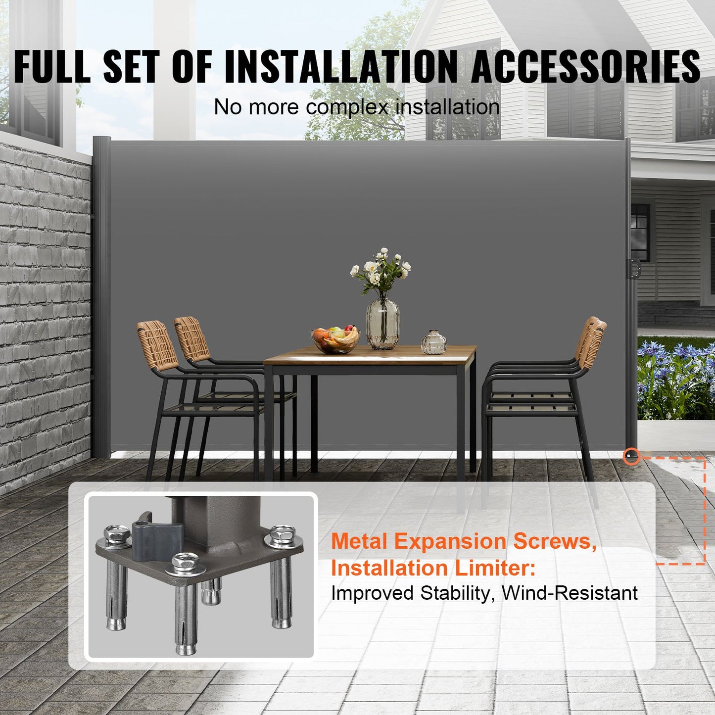 Retractable Outdoor Privacy Screen 63x118in Aluminum Wind & Rain Blocker Gray