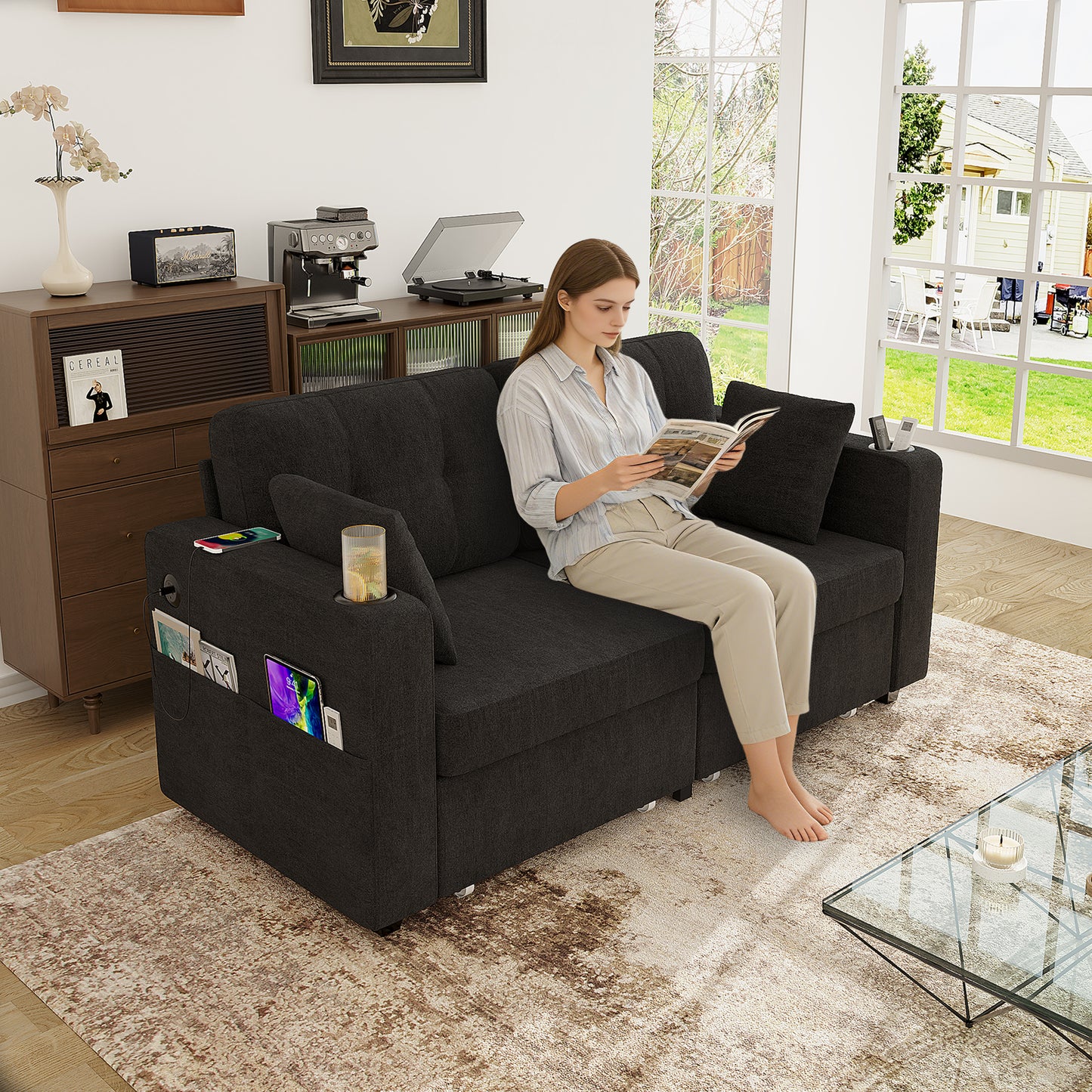 Modern 3-Seater Sofa with USB Charging & Storage - Black