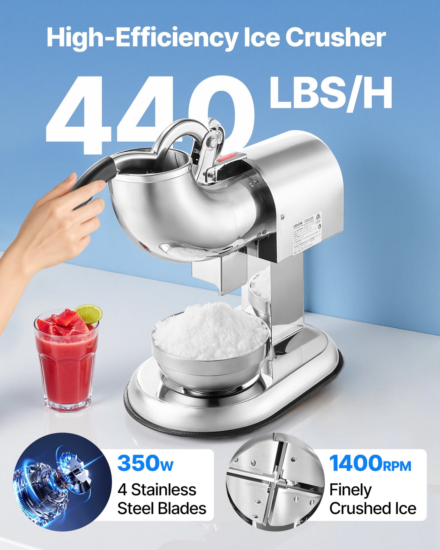 Electric Ice Crusher 440LBS/H Snow Cone Maker Shaved Ice Machine Silver