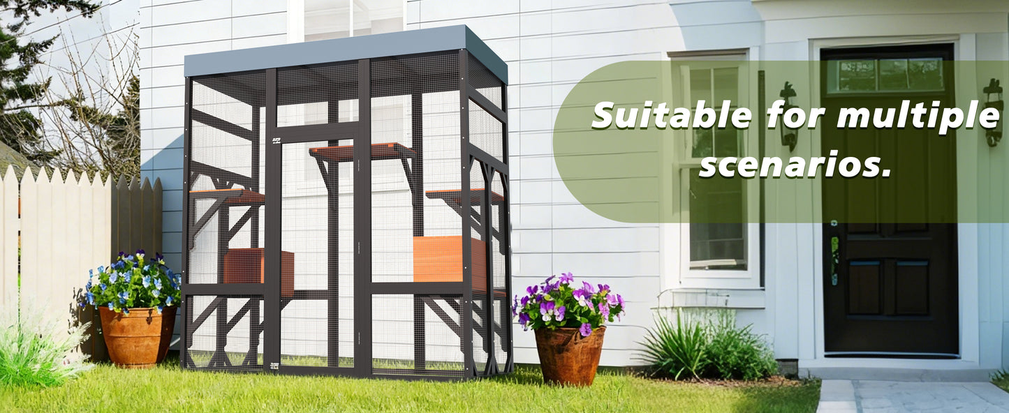 Large Wooden Cat Enclosure with Waterproof Cover and Multiple Platforms
